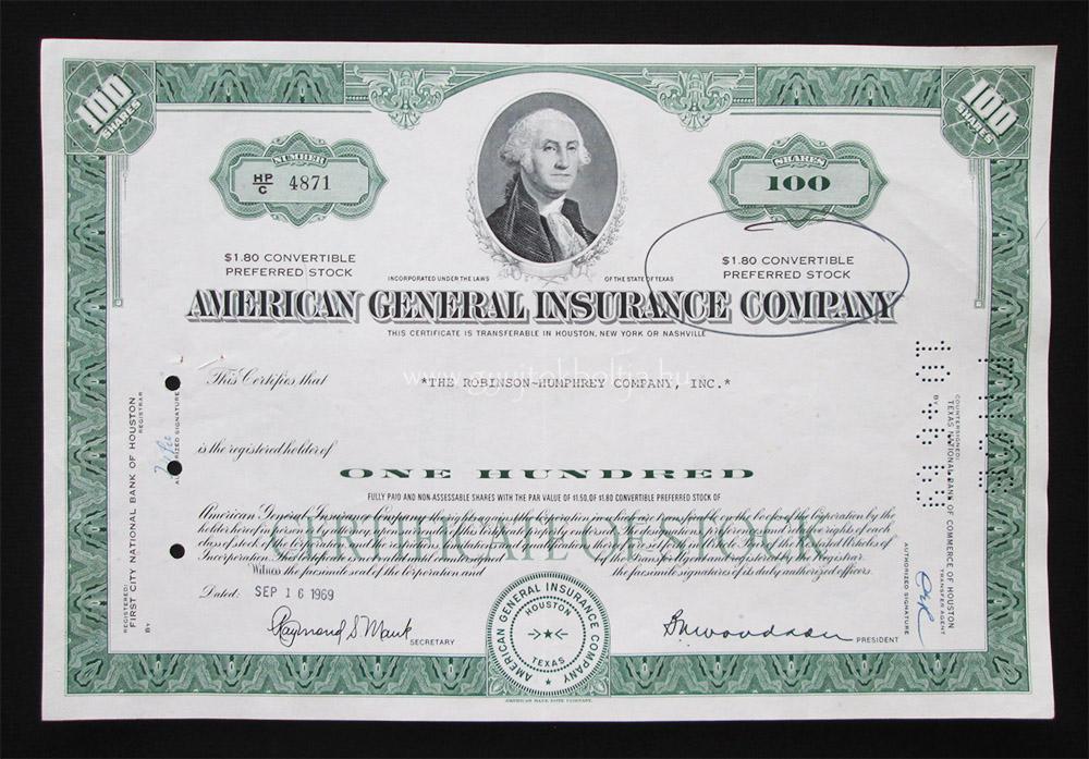 American General Insurance Company 100 els�bbs�gi r�szv�ny 1969 / biztos�t�s